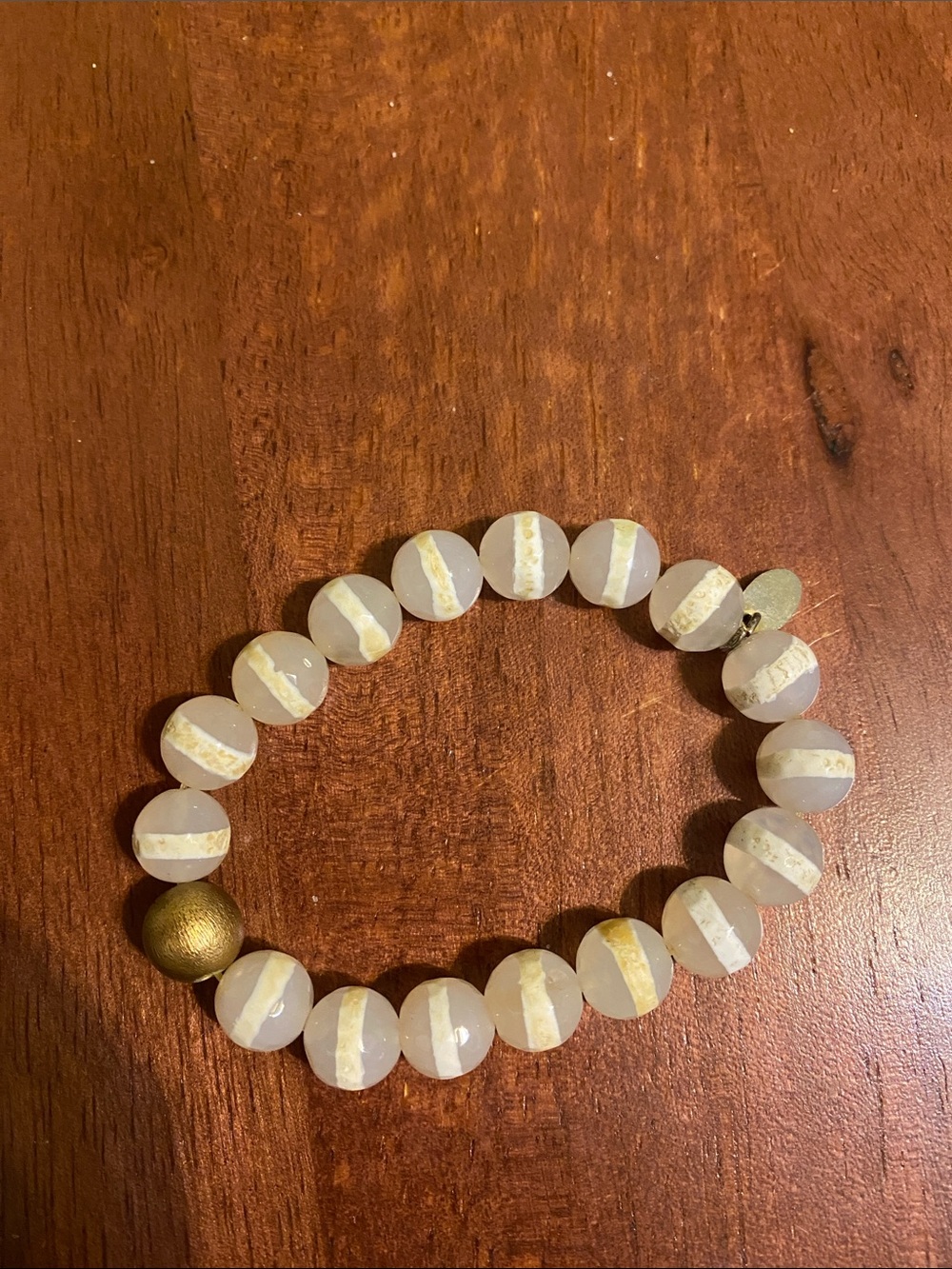 White Beaded Stretch Bracelet with Gold Accent